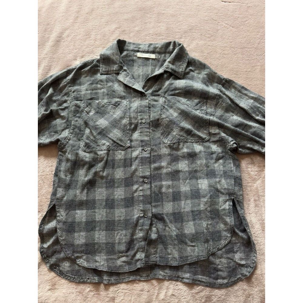 Mustard Seed Top Shirt Plaid Pull On Sleeve V‎ Neck Hi Low Hem Boho Sz S - Picture 2 of 10
